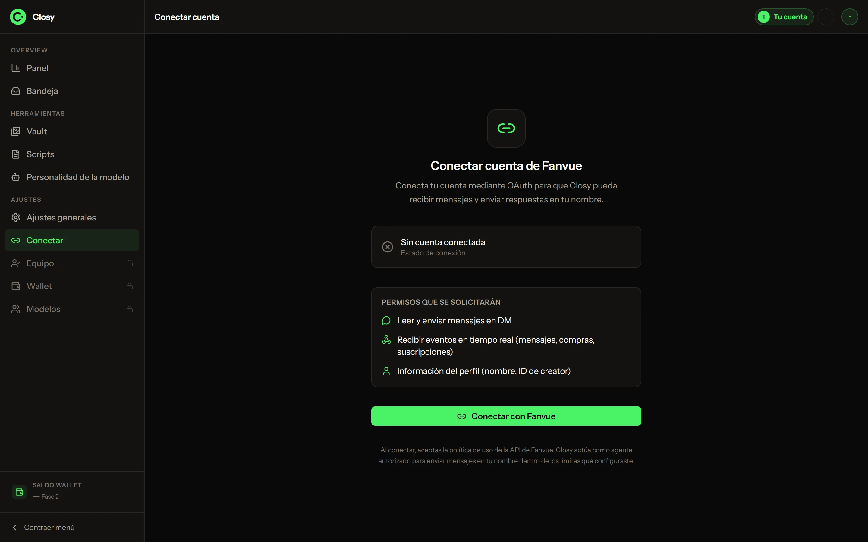 Pantalla de conexión de Closy: estado «Sin cuenta conectada», la lista de permisos que se solicitarán —leer y enviar mensajes en DM, recibir eventos en tiempo real e información del perfil— y el botón «Conectar con Fanvue».
